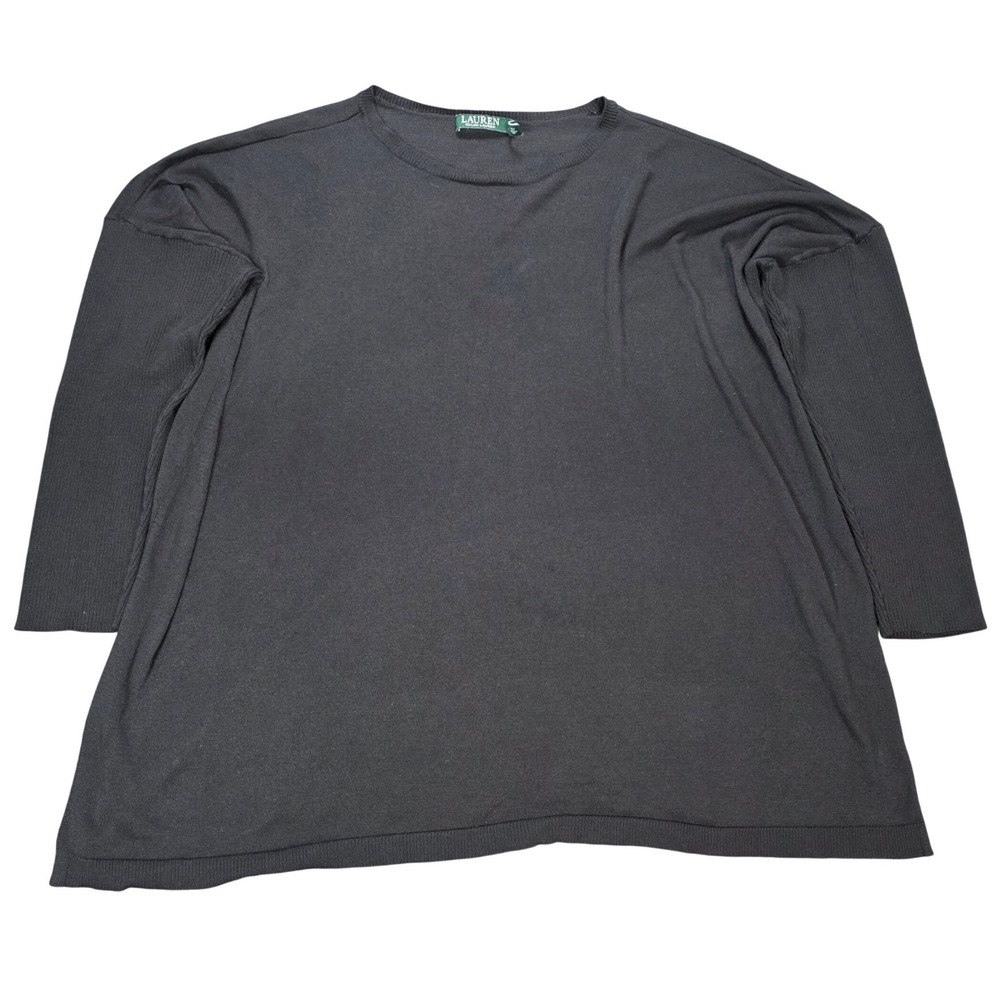 Lauren Ralph Lauren Silk Blend‎ Knit Top Women's Size 1X Black Ribbed Sleeve